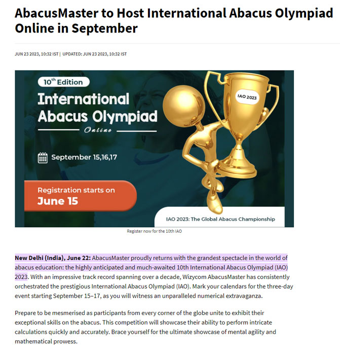 Deccan herald Article Featuring AbacusMaster IAO 2023 to be held in September